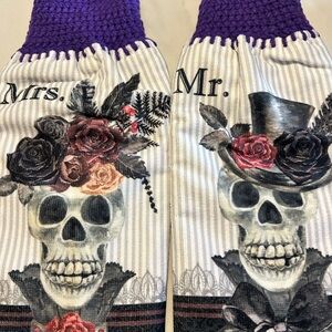 Set of 2 Goth Mr and Mrs crochet top hanging kitchen towels